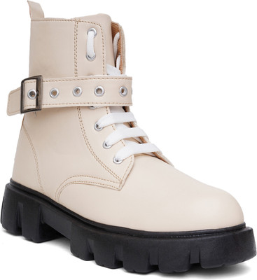 Hitway Lightweight Comfortable Alluring Extra Cushion Inner Sole Boots For Women(Off White , 4)