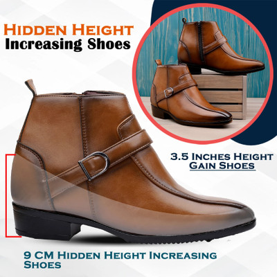 BXXY Men's 9 Cm Hidden Height Increasing/ Elevator Tan Formal Buckle Ankle Boot High Tops For Men(Tan , 8)