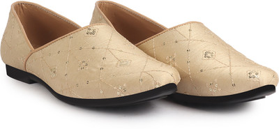 FAUSTO Embroidery Sequin Ethnic Slip On Half Cut Juttis|Traditional Wedding Sherwani Mojaris For Men(Gold , 6)