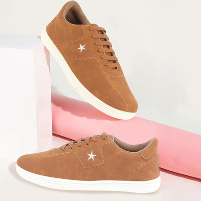 FAUSTO Classic Embroidery Star Upper Soft Suede Leather Lace Up Shoes Sneakers For Men(Tan , 11)
