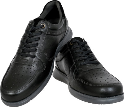HX London Black Leather Men Perforations Round Toe Lightweight Sneakers Sneakers For Men(Black , 8)