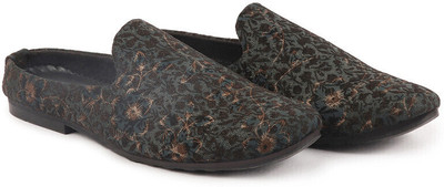 FAUSTO Floral Print Embellish Wedding Party Back Open Slip on Shoes Mojaris For Men(Brown , 9)