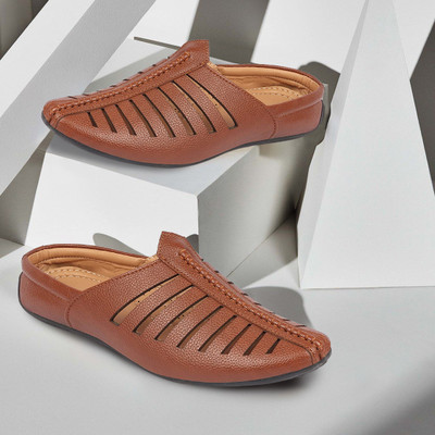 FAUSTO Laser Cut Design Back Open Evening Party Slip On Shoes Mojaris For Men(Tan , 13)