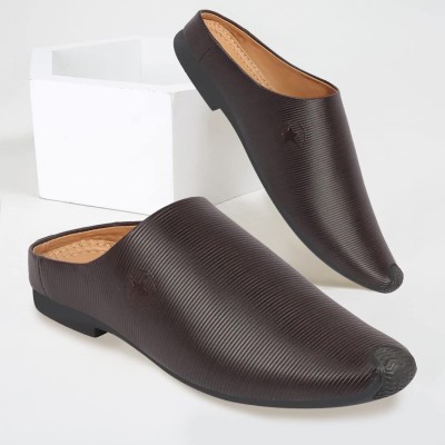 FAUSTO Back Open Classic Design Textured Slip-On Ethnic Juttis and Mojaris For Men(Brown , 44)