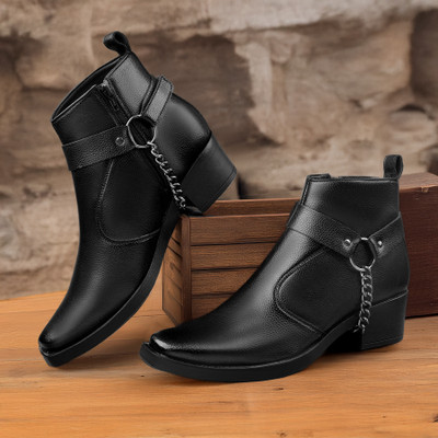 YUVRATO BAXI Men 5-6cm Heel Height Increasing, Chain Design Black Casual Formal Ankle Boot Boots For Men(Black , 7)