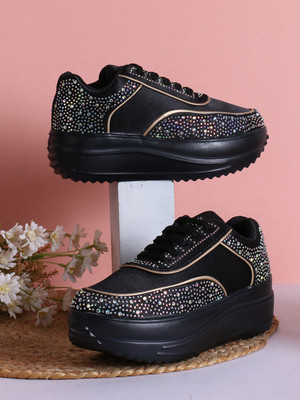 VENDOZ Wedding Party Glittery Bridal Sneakers For Women(Black , 4)