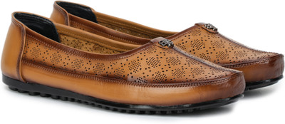 Zoom Shoes Genuine Leather Slip-On Stylish Lightweight Round Toe Flats for All-Day Comfort Bellies For Women(Tan , 7)