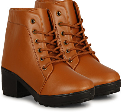 KILLER Latest Trendy Ankle Block Heel Boots Boots For Women(Tan , 8)