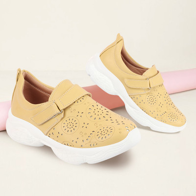 FAUSTO Laser Cut Design Stitched Back Open Hook & Loop Buckle Mules Shoes Casuals For Women(Yellow , 6)