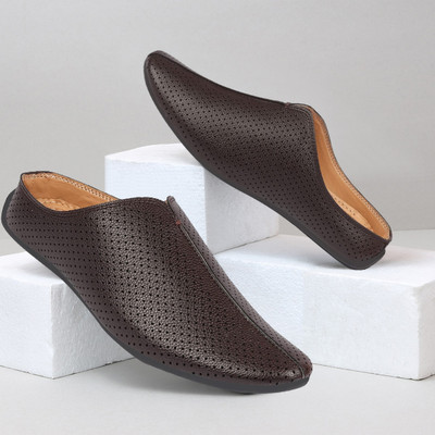 FAUSTO Back Open Perforated Design Party Wedding Slip On Shoes Ethnic Mule For Men(Brown , 7)