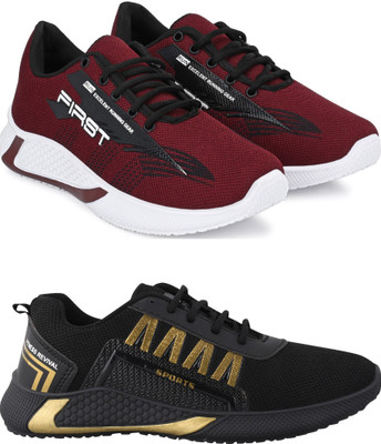 Free Kicks Combo of 2 || FK- 565 & 393 Trendy Running Shoes For Men(Maroon, Black, Gold , 6)