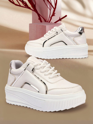 VENDOZ Stylish Trending Sneakers For Women(White, Silver , 3)