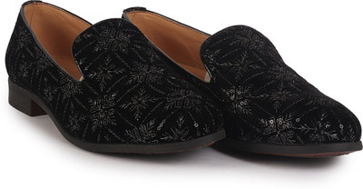FAUSTO Ethnic Velvet Sequin Embroidered Juttis for Wedding|Traditional Kurtas Shoes Mojaris For Men(Black , 9)