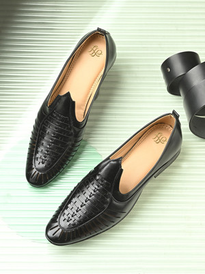 House of Pataudi Men’s Slip-On Nagra | Loafers | Woven Design Formal & Ethnic Shoes Mojaris For Men(Black , 8)
