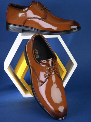Birgos Tan Italian Patent Formal Shoes Lace Up For Men(Tan , 7)