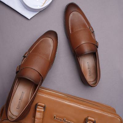 LOUIS STITCH Tan Slipon Style Comfortable Monk Strap Shoes for Men (RGFM) - Size UK 7 Monk Strap For Men(Tan)
