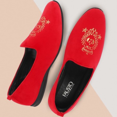 FAUSTO Velvet Embroidery Design Party Casual Shoes Loafers For Men(Red)