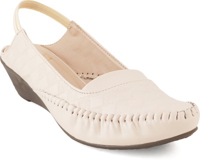 EVERLY Cream Synthetic Leather Textured Wedge Pumps for Women Bellies For Women(White)