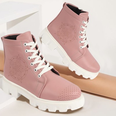 FAUSTO Outdoor Winter High Top Chunky Lace Up Casual Boots For Women(Pink)