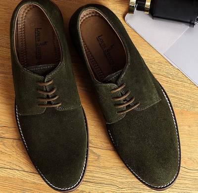 LOUIS STITCH Men's Olive Green Italian Suede Leather Casual Shoes Penny Loafers Corporate Casuals For Men