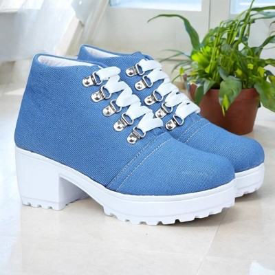 EVOLTAR Premium Denim Heel Boots for Women Lace-Up Boots with Metal Embellishments Boots For Women(Blue , 7)