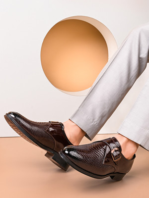 House of Pataudi PU Synthetic Textured Buckle Monk Strap Formal Shoes Monk Strap For Men(Brown , 11)