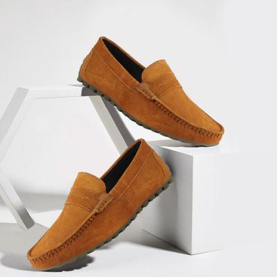 FAUSTO Suede Leather Side Stitched Slip On Driving Mocassin and Loafers For Men(Brown , 9)