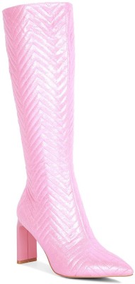 London Rag Pink Quilted Italian High Block Heeled Calf Boots Boots For Women(Pink)