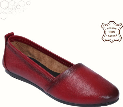 ZOOM Genuine Leather Slip-On Stylish Lightweight Round Toe Flats for All-Day Comfort Bellies For Women(Red , 5)