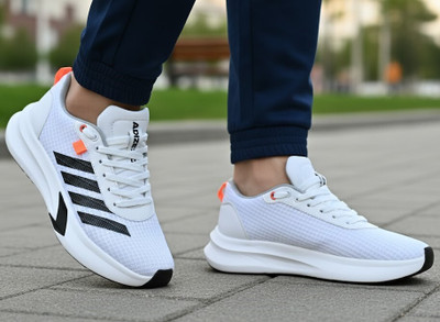 JK PORT Men's White Mesh Running Shoes with Black Stripes Casuals For Men(White, Black , 8)