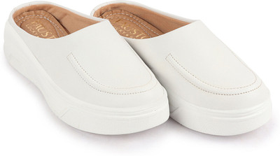 FAUSTO Outdoor Fashion Stitched Design Open Back Platform Heel Slip On Casual Shoes Sneakers For Women(White , 7)