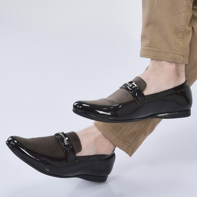 FAUSTO Patent Leather Velvet Horsebit Classic Formal Buckle Loafer Shoes Slip On For Men(Brown , 7)