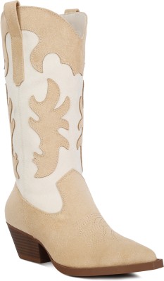 London Rag Beige Adanna Micro Suede Patchwork Cowboy Boots Boots For Women(Beige , 5)