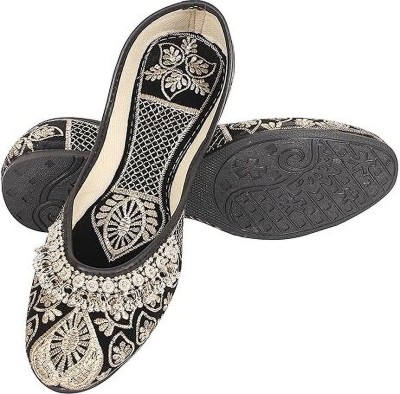 DFR DFR Women Ethnic Rajasthani Embroidery with Payal Punjabi Mojari's Black Jutti’s Slip On For Women(Black , 7)