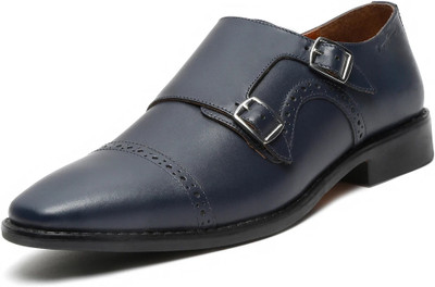 LOUIS STITCH Prussian Blue Italian Leather Double Monk Strap Formal Slip On Shoes for Men Monk Strap For Men(Blue , 10)