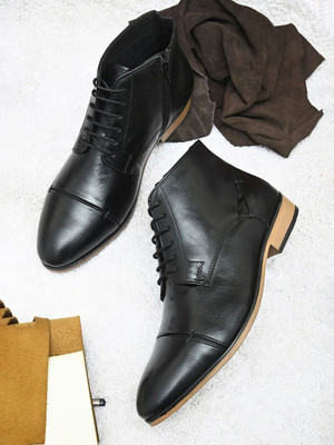 Roadster The Roadster Lifestyle Co. Men Black Mid Top Block Heel Leather Regular Boots For Men(Black , 8)