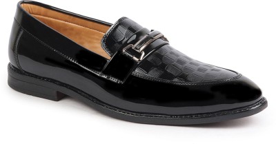 FAUSTO Patent Leather Horsebit Buckle Design Slip On Shoes Loafers For Men(Black)