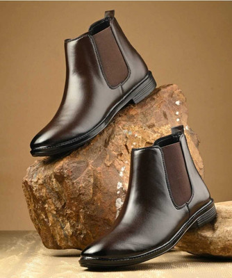 T-ROCK Synthetic Leather Lightweight Comfortable Trendy Walking Slip On Chelsea Boots Boots For Men(Brown , 10)