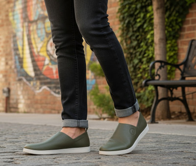 JK PORT Green Textured Synthetic Leather Casual Slip-On Casuals For Men(Green , 9)