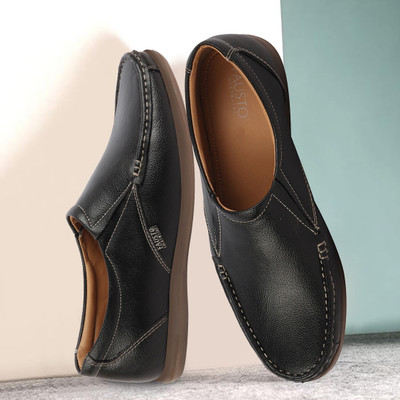 FAUSTO Side Stitched Casual Comfort Slip On Shoes Loafers For Men(Black , 10)