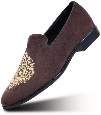 MONKSTORY Monkstory Maharaja Zardosi Embroidered Slip-Ons – Brown Loafers For Men(Brown , 6)
