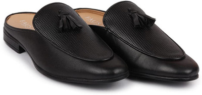 FAUSTO Back Open Leather Party Formal Comfortable Outdoor Slip On Shoes Tassel Mojaris For Men(Black , 10)