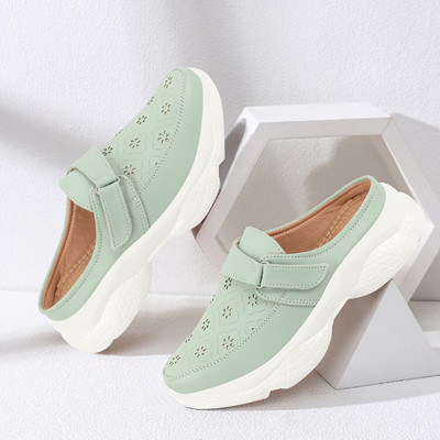 FAUSTO Laser Cut Floral Design Hook and Loop Back Open Slip On Shoes Loafers For Women(Green , 3)