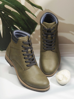 Roadster Olive Round Toe High Top Boots For Men(Olive , 8)