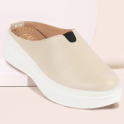 FAUSTO Outdoor Fashion Comfort Open Back Platform Heel Slip On Casual Shoes Mojaris For Women(Beige)
