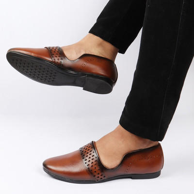 FAUSTO Laser Cut Design Side Open Broad Feet Ethnic Party Shoes Mojaris For Men(Tan , 12)