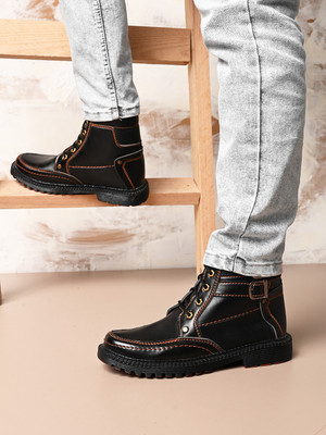 KILLER Men's Casual Outdoor High Top Lace Up Boots, Comfortable Hiking and Trekking Boots For Men(Black , 7)