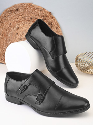 N N CREACTION Genuine Leather Formal Double Monk Strap For Men(Black , 8)