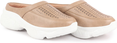 FAUSTO Laser Cut Design Stitched Back Open Slip On Mules Shoes Loafers For Women(Beige , 4)