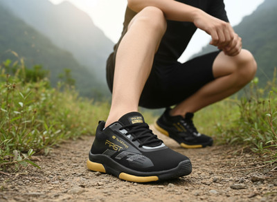 Soles & Styles Lightweight Shoes For Men |Memory Foam Insole, for Walking, Running & Gym Hiking & Trekking Shoes For Men(Black, Gold , 10)